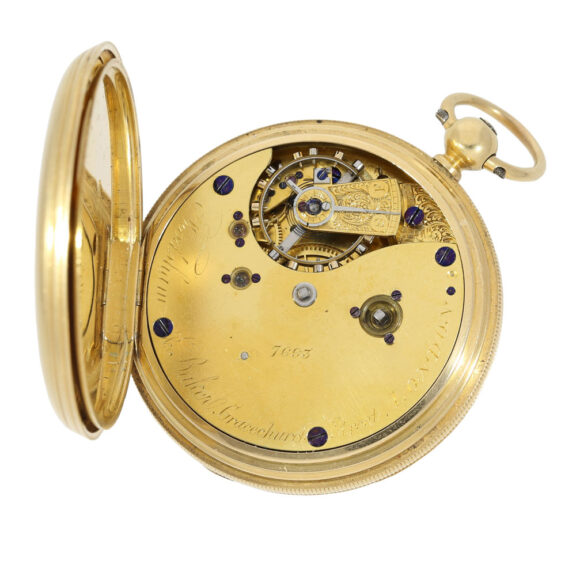 English half hunter with power reserve indication Circa 1857 English half hunter with power reserve indication Circa 1857