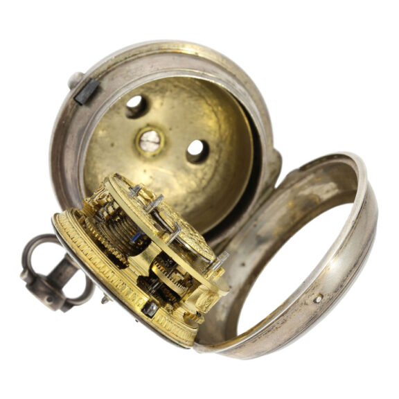 English silver pair cased verge watch with alarm Circa 1730 English silver pair cased verge watch with alarm Circa 1730