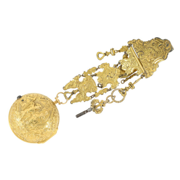 English pair cased repoussé verge with chatelaine Circa 1749 English pair cased repoussé verge with chatelaine Circa 1749