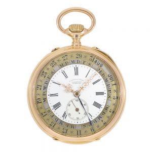 German 18k gold open faced triple calendar lever Circa 1886