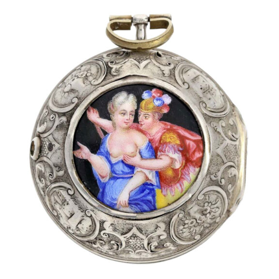 English silver pair cased verge with erotic scene Circa 1752