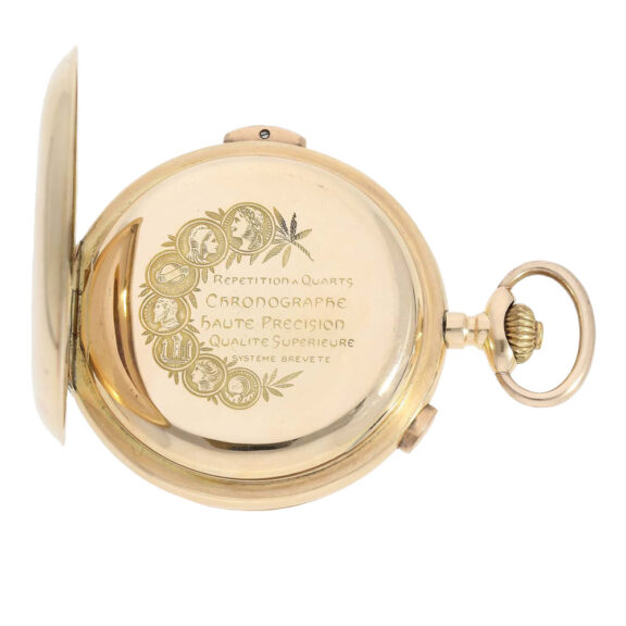 Gold hunting cased quarter repeating chronograph Circa 1900 Gold hunting cased quarter repeating chronograph Circa 1900
