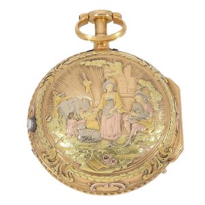 Swiss multi coloured gold quarter repeating verge Circa 1770