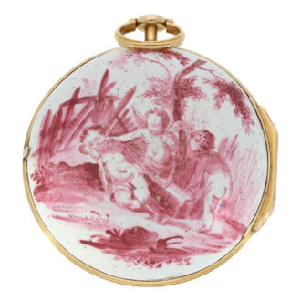 French 20 carat gold and porcelain Rococo verge circa 1750