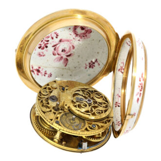 French 20 carat gold and porcelain Rococo verge circa 1750