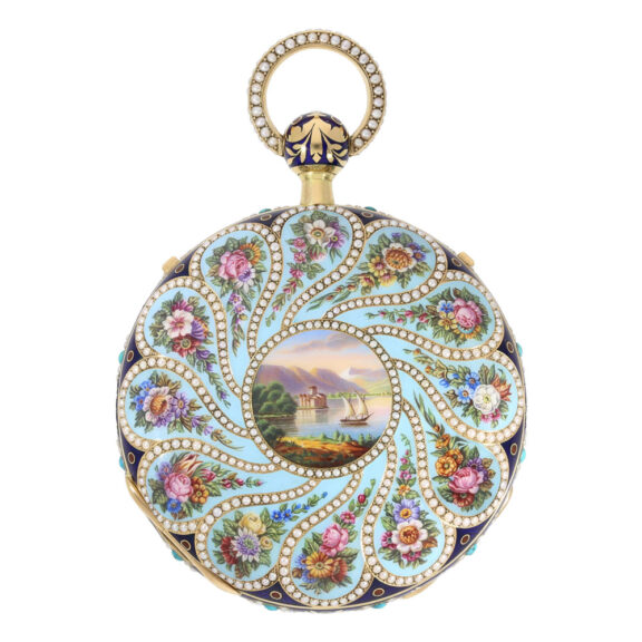 Swiss 18k gold, enamel and pearl set pocket watch Circa 1820 Swiss 18k gold, enamel and pearl set pocket watch Circa 1820