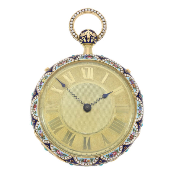 Swiss 18k gold, enamel and pearl set pocket watch Circa 1820 Swiss 18k gold, enamel and pearl set pocket watch Circa 1820