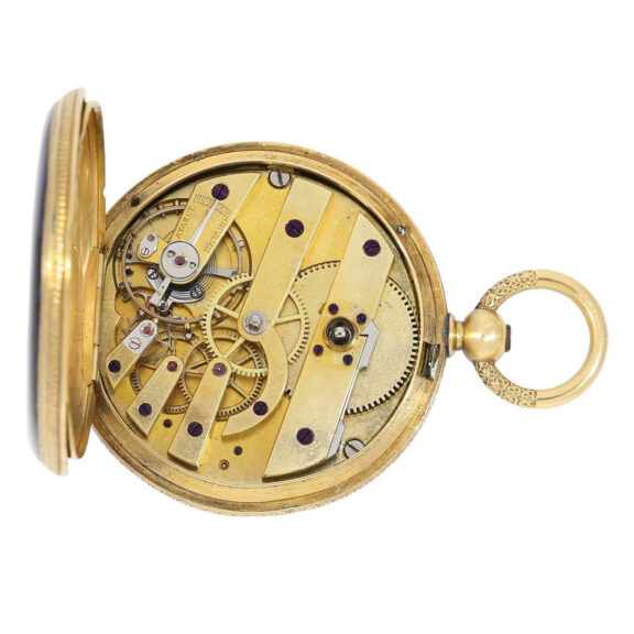 Swiss gold, enamel hunting cased lever with chain Circa 1867 Swiss gold, enamel hunting cased lever with chain Circa 1867