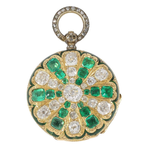 Gold and enamel pendant watch set with jewels Circa 1850