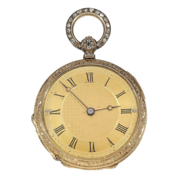 Gold and enamel pendant watch set with jewels Circa 1850 Gold and enamel pendant watch set with jewels Circa 1850