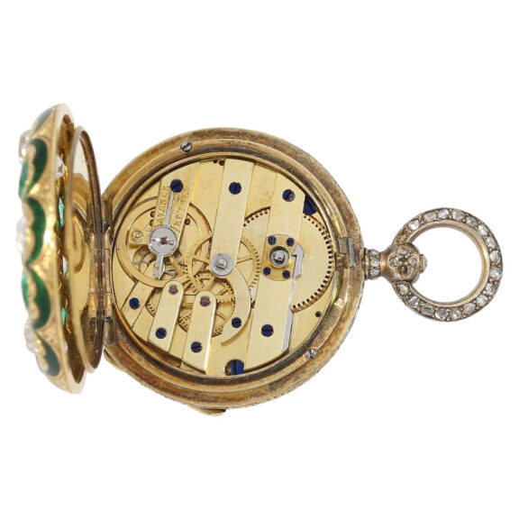 Gold and enamel pendant watch set with jewels Circa 1850 Gold and enamel pendant watch set with jewels Circa 1850