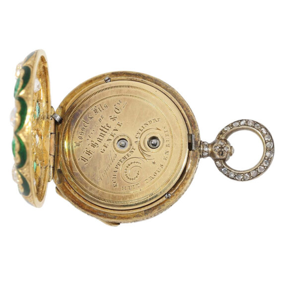Gold and enamel pendant watch set with jewels Circa 1850 Gold and enamel pendant watch set with jewels Circa 1850