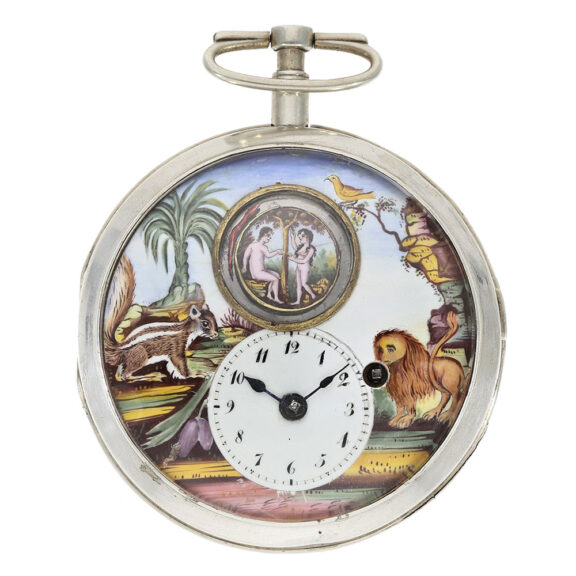 French silver open faced verge with automaton Circa 1800 French silver open faced verge with automaton Circa 1800