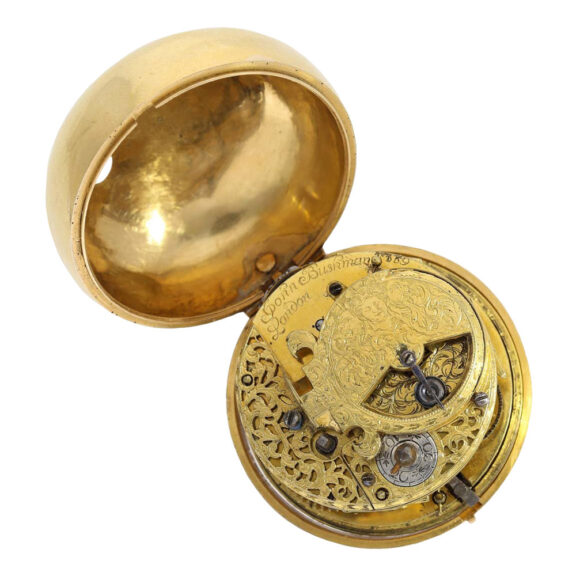 English gold repoussé verge with jumping hour Circa 1690 English gold repoussé verge with jumping hour Circa 1690