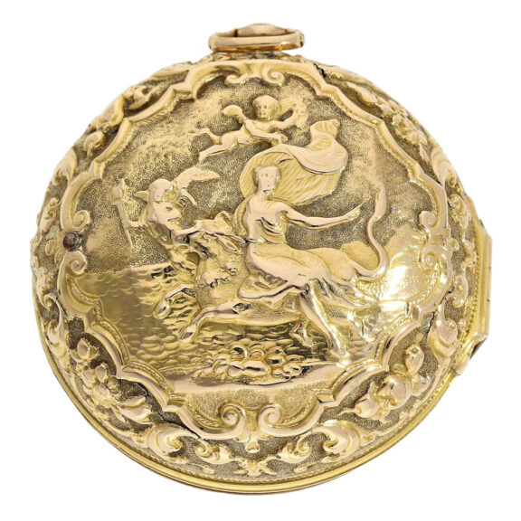 English gold repoussé verge with jumping hour Circa 1690 English gold repoussé verge with jumping hour Circa 1690