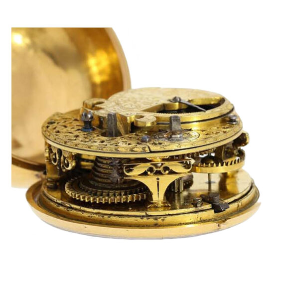 English gold repoussé verge with jumping hour Circa 1690 English gold repoussé verge with jumping hour Circa 1690
