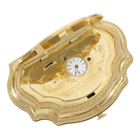 Gold, enamel and diamond set snuffbox with watch Circa 1840 Gold, enamel and diamond set snuffbox with watch Circa 1840