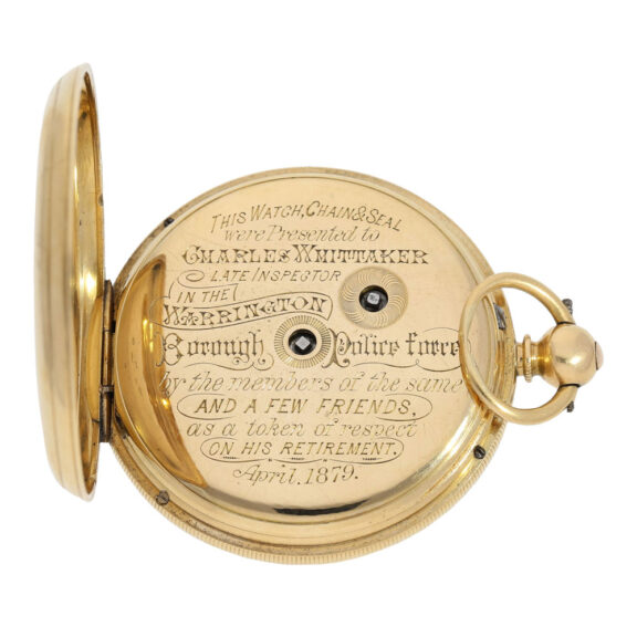 English gold precision watch with power reserve display Circa 1871 English gold precision watch with power reserve display Circa 1871
