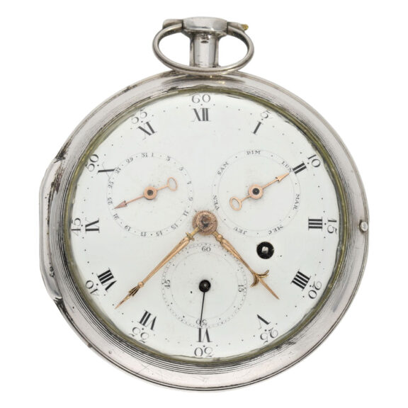 French silver open faced verge calendar watch Circa 1780 French silver open faced verge calendar watch Circa 1780