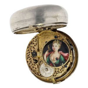 German silver watch with enamelled verge cock Circa 1700-1715