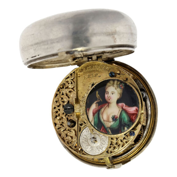 German silver watch with enamelled verge cock Circa 1700-1715