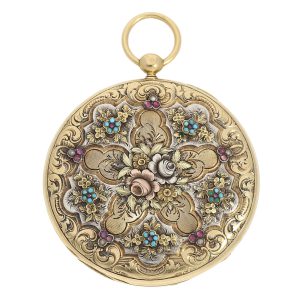 Swiss multicoloured gold and gem-set cylinder watch Circa 1840