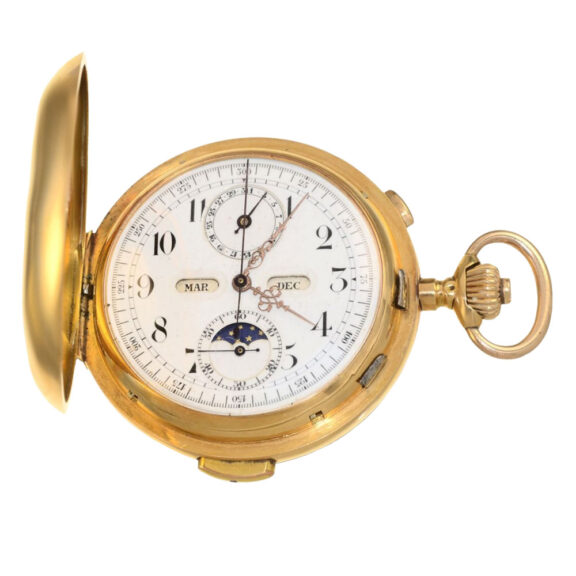 Swiss 18K gold hunting cased complicated lever watch Circa 1890