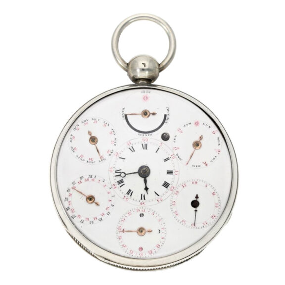 Large Swiss silver verge with 7 complications Circa 1800