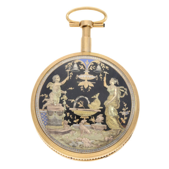 Swiss 18K gold open faced cylinder watch with automaton Circa 1820