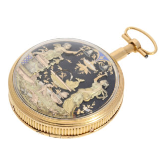Swiss 18K gold open faced cylinder watch with automaton Circa 1820