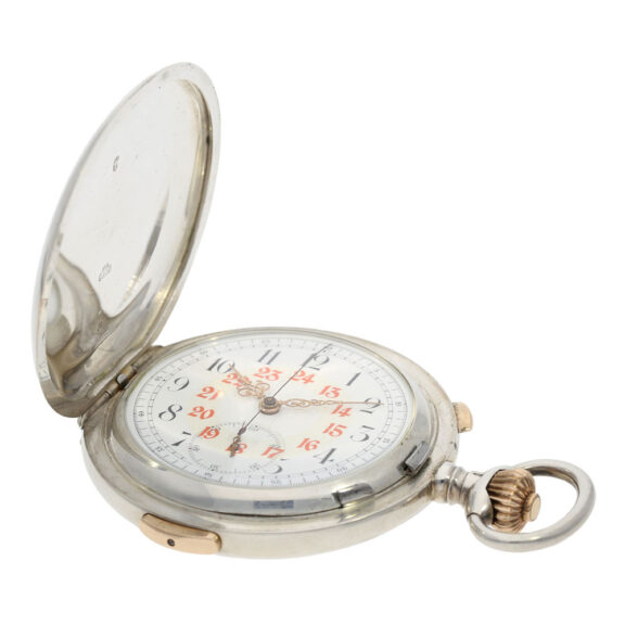Swiss silver hunting cased repeating lever chronograph Circa 1900 Swiss silver hunting cased repeating lever chronograph Circa 1900