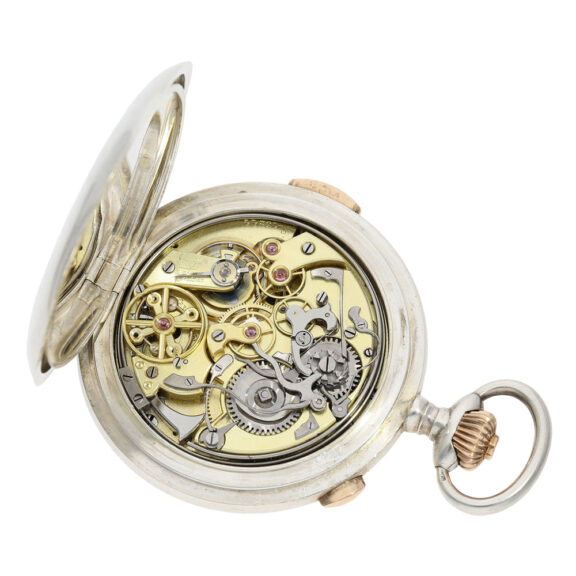 Swiss silver hunting cased repeating lever chronograph Circa 1900 Swiss silver hunting cased repeating lever chronograph Circa 1900