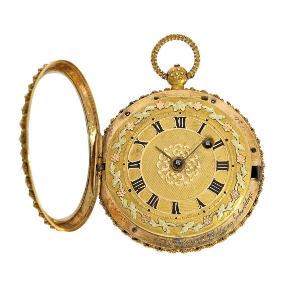Swiss 18K gold verge watch with rare decoration Circa 1830 Swiss 18K gold verge watch with rare decoration Circa 1830