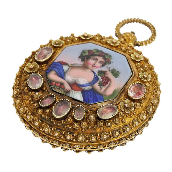 Swiss 18K gold verge watch with rare decoration Circa 1830 Swiss 18K gold verge watch with rare decoration Circa 1830