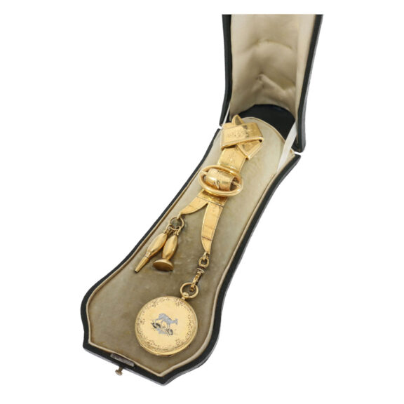 Swiss gold and enamel watch with chatelaine Circa 1850 Swiss gold and enamel watch with chatelaine Circa 1850