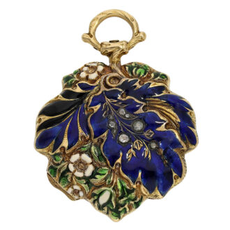 Swiss gold, enamel and diamond-set leaf-form watch Circa 1850 Swiss gold, enamel and diamond-set leaf-form watch Circa 1850