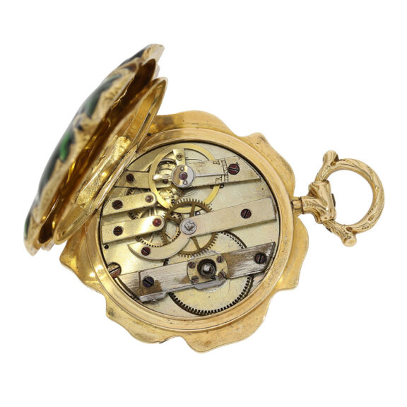 Swiss gold, enamel and diamond-set leaf-form watch Circa 1850 Swiss gold, enamel and diamond-set leaf-form watch Circa 1850