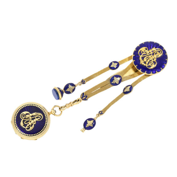 French gold and enamel watch with matching chatelaine Circa 1850 French gold and enamel watch with matching chatelaine Circa 1850