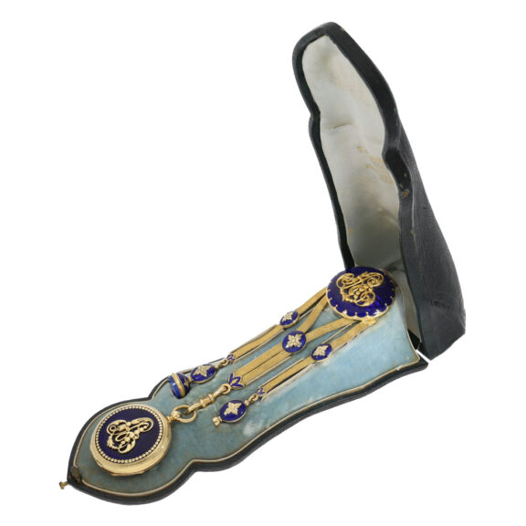 French gold and enamel watch with matching chatelaine Circa 1850 French gold and enamel watch with matching chatelaine Circa 1850