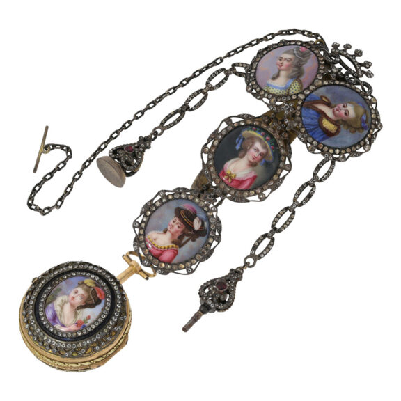 Swiss gold enamel and stone set verge with chatelaine Circa 1750