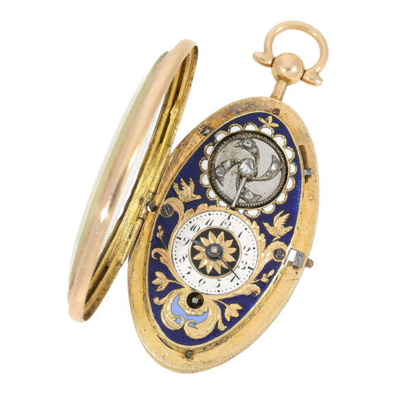 Miniature Swiss gold and enamel oval pendant watch Circa 1810 Miniature Swiss gold and enamel oval pendant watch Circa 1810