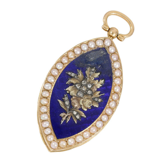 Swiss gold, enamel, diamond and pearl-set pendant watch Circa 1810 Swiss gold, enamel, diamond and pearl-set pendant watch Circa 1810