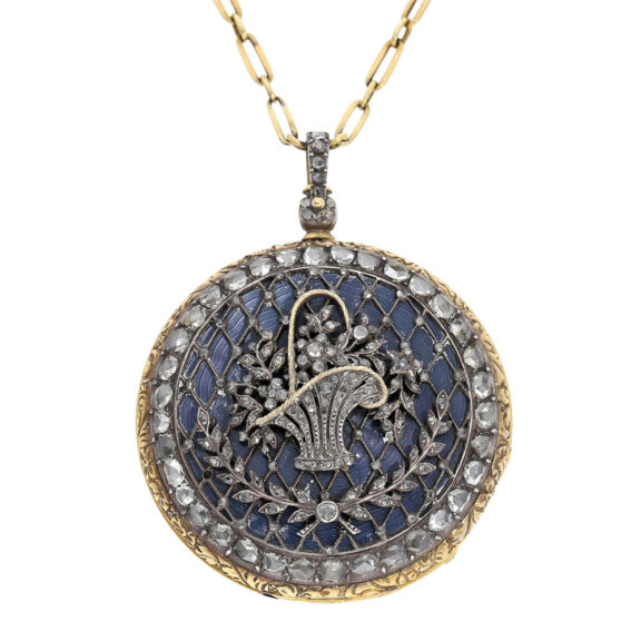 Swiss gold, enamel and diamond-set pendant watch Circa 1830-1885 Swiss gold, enamel and diamond-set pendant watch Circa 1830-1885