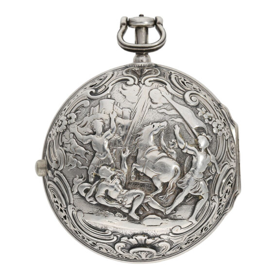 English silver half-quarter repeating repoussé verge Circa 1740-1750 English silver half-quarter repeating repoussé verge Circa 1740-1750