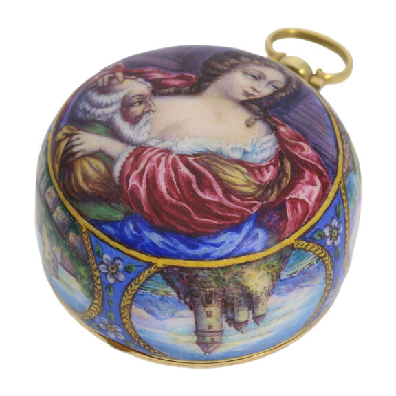 German gold and enamel verge in Huaud manner Circa 1700 German gold and enamel verge in Huaud manner Circa 1700