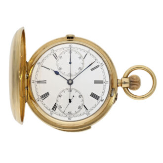 English gold hunting cased repeating lever chronograph Circa 1890 English gold hunting cased repeating lever chronograph Circa 1890