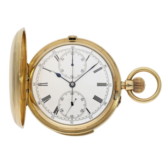 English gold hunting cased repeating lever chronograph Circa 1890 English gold hunting cased repeating lever chronograph Circa 1890