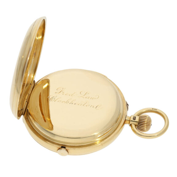 English gold hunting cased repeating lever chronograph Circa 1890 English gold hunting cased repeating lever chronograph Circa 1890