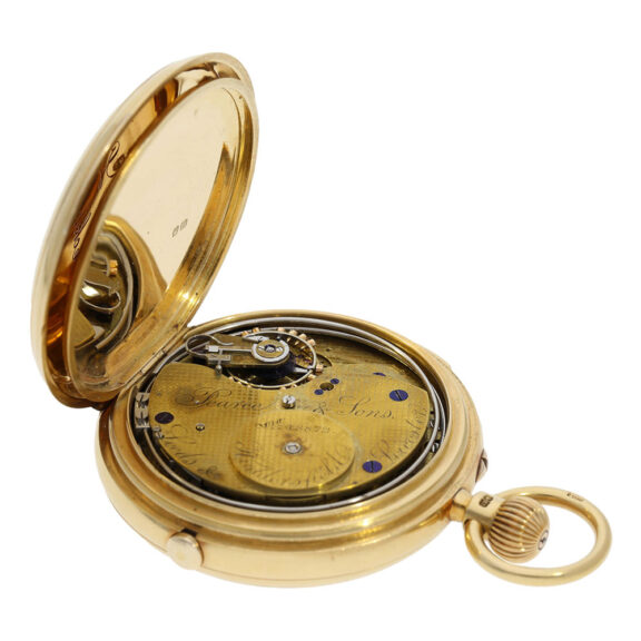 English gold hunting cased repeating lever chronograph Circa 1890 English gold hunting cased repeating lever chronograph Circa 1890