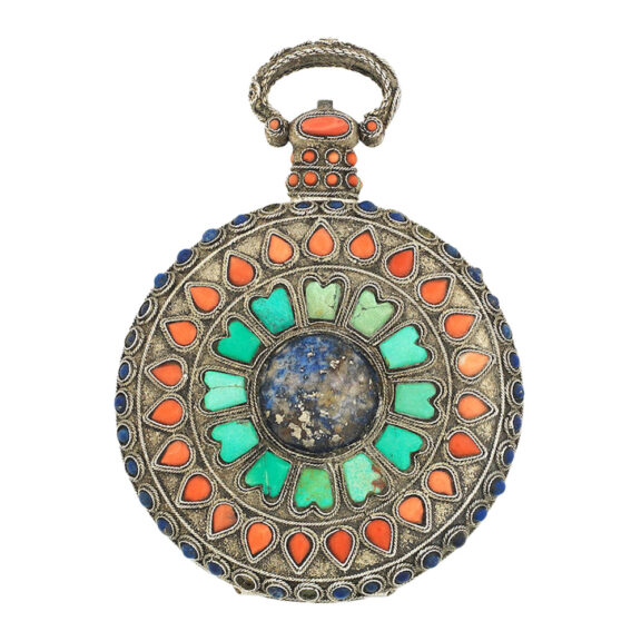 English silver, coral, turquoise, lapis lazuli set watch Circa 1876 English silver, coral, turquoise, lapis lazuli set watch Circa 1876